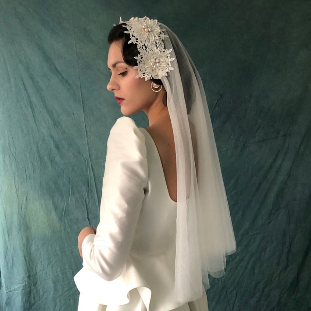 Two Tier Boho White Wedding Veil with Blusher